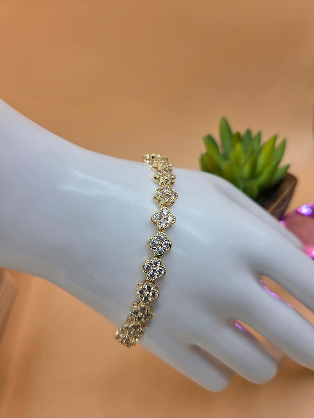 Gold Plated Crystal Flower-Link Bracelet - Women Jewelry